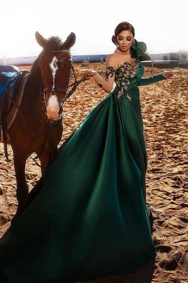 Emerald Green One Shoulder Long Sleeve Mermaid Satin Appliques Beading Formal Evening Gown