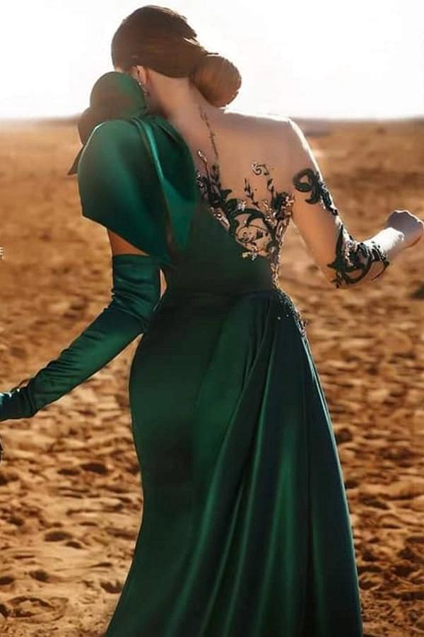 Emerald Green One Shoulder Long Sleeve Mermaid Satin Appliques Beading Formal Evening Gown
