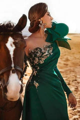 Emerald Green One Shoulder Long Sleeve Mermaid Satin Appliques Beading Formal Evening Gown