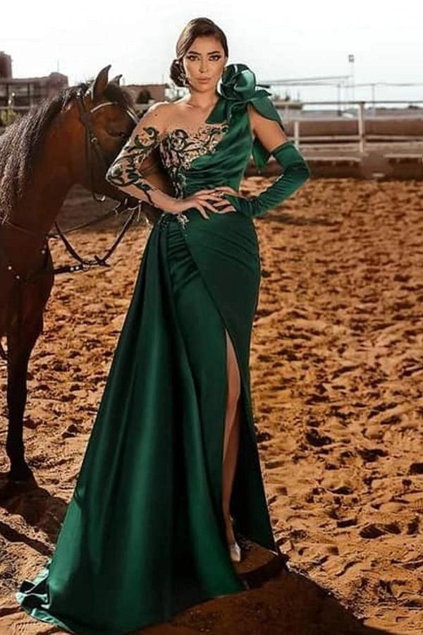 Emerald Green One Shoulder Long Sleeve Mermaid Satin Appliques Beading Formal Evening Gown