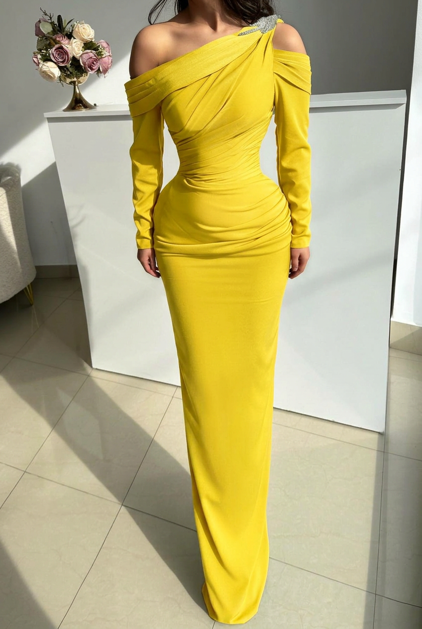 Yellow one shoulder rhinestone mermaid evening dress