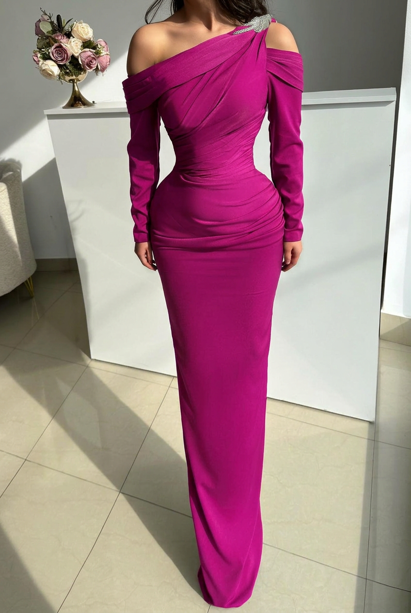 Fuchsia one shoulder rhinestone mermaid evening dress