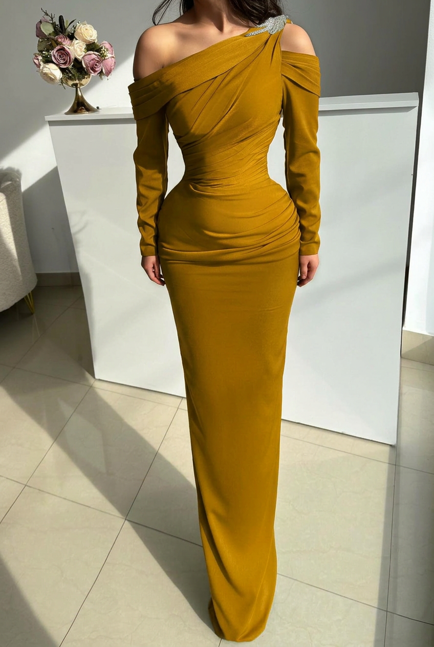 Gold one shoulder rhinestone mermaid evening dress