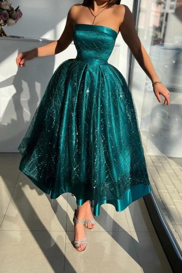 Emerald Green Rhinestone Strapless Sequin Glitter Tulle A-Line Tea Length Formal Dress