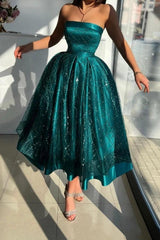 Emerald Green Rhinestone Strapless Sequin Glitter Tulle A-Line Tea Length Formal Dress