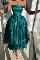 Emerald Green Rhinestone Strapless Sequin Glitter Tulle A-Line Tea Length Formal Dress