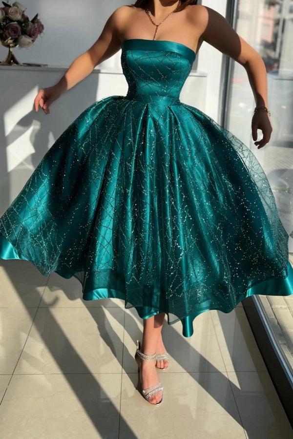 Emerald Green Rhinestone Strapless Sequin Glitter Tulle A-Line Tea Length Formal Dress