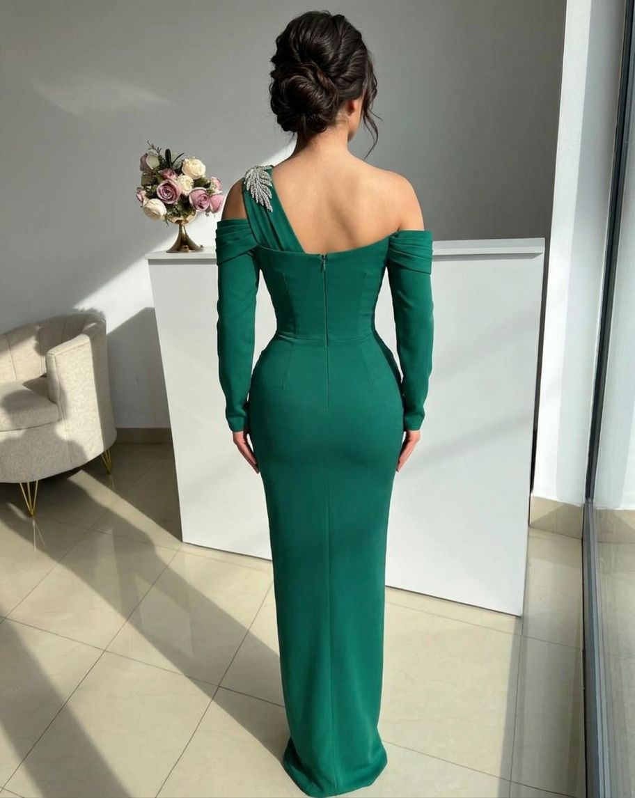 Emerald Green Satin Mermaid Formal Dress Asymmetrical Off-The-Shoulder Long Sleeve Ruched Rhinestone Floor Length Evening Gown