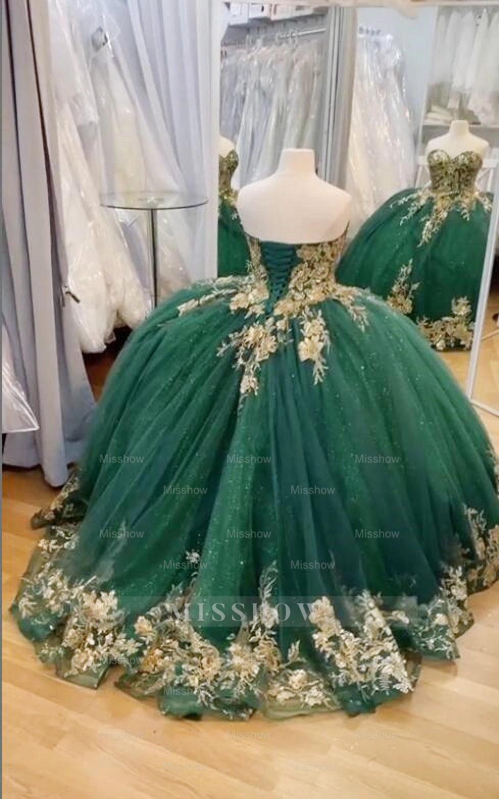 Emerald Green Strapless Sleeveless Floral Applique Beaded Ball Gown Quinceanera Dress