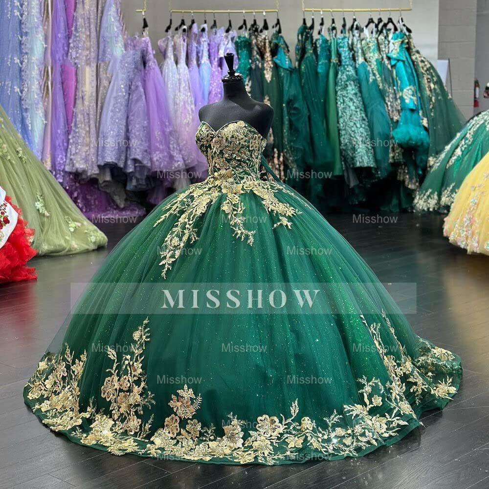 Emerald Green Strapless Sleeveless Floral Applique Beaded Ball Gown Quinceanera Dress