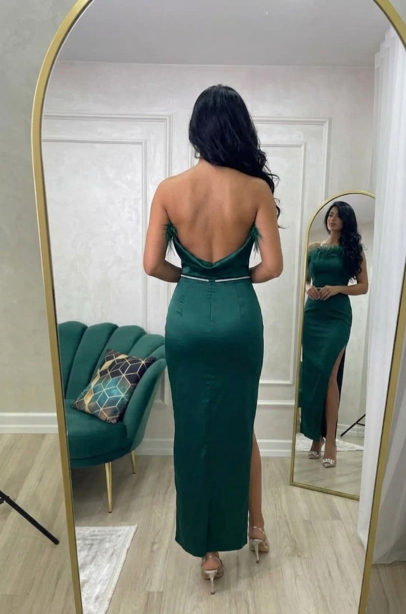 Emerald Green Strapless Sleeveless Long Column Satin Formal Dress Feather Trim Rhinestone Belt Open Back High Slit Evening Gown