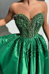 Emerald Green Strapless Sweetheart Beaded Satin A-Line Slit Floor Length Evening Gown