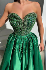 Emerald Green Strapless Sweetheart Beaded Satin A-Line Slit Floor Length Evening Gown