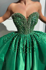 Emerald Green Strapless Sweetheart Beaded Satin A-Line Slit Floor Length Evening Gown