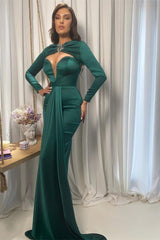 Emerald Green Sweetheart Long Sleeve Rhinestone Draped Mermaid Satin Formal Evening Gown