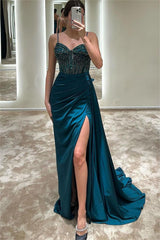 Emerald Green Sweetheart Sleeveless Beaded Mermaid Satin Floor Length Formal Evening Dress