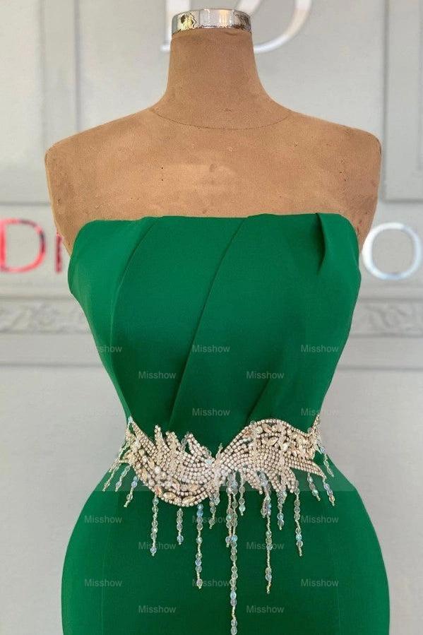 Emerald Strapless Sleeveless Mermaid Satin Beaded Rhinestone Floor Formal Evening Gown