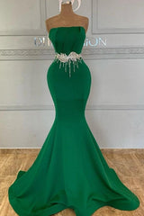 Emerald Strapless Sleeveless Mermaid Satin Beaded Rhinestone Floor Formal Evening Gown