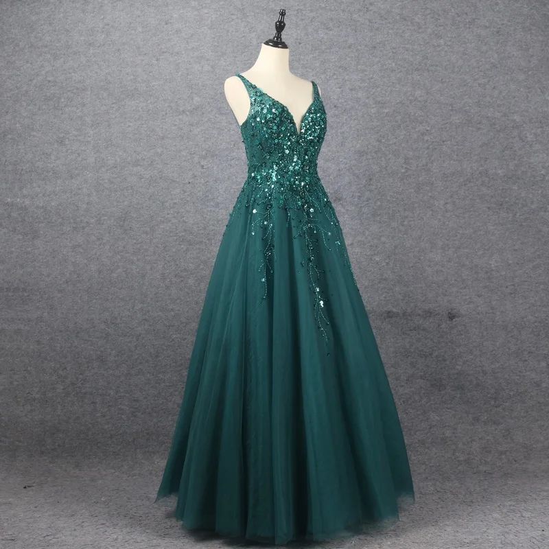 Emerald V Neck Floor Length Formal Dress A Line Sleeveless With Appliques