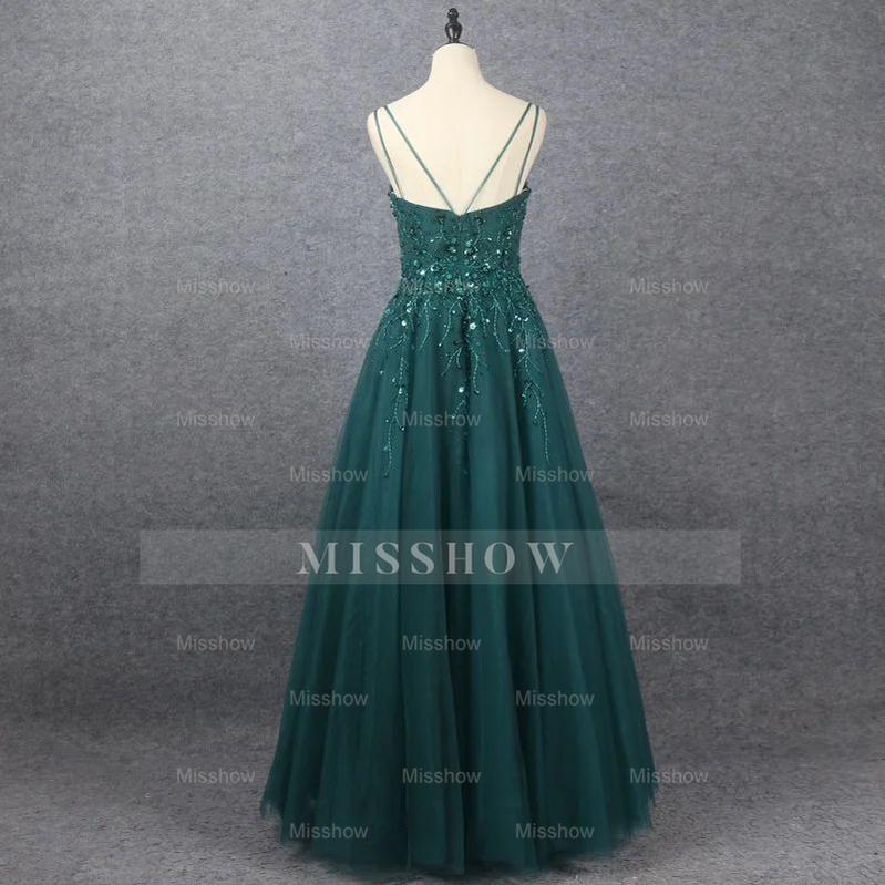 Emerald V Neck Floor Length Formal Dress A Line Sleeveless With Appliques