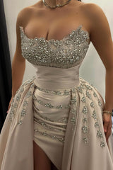 Enchanting A-Line Strapless Beading Sleeveless Split Front Long Satin Evening Dresses With Rhinestones