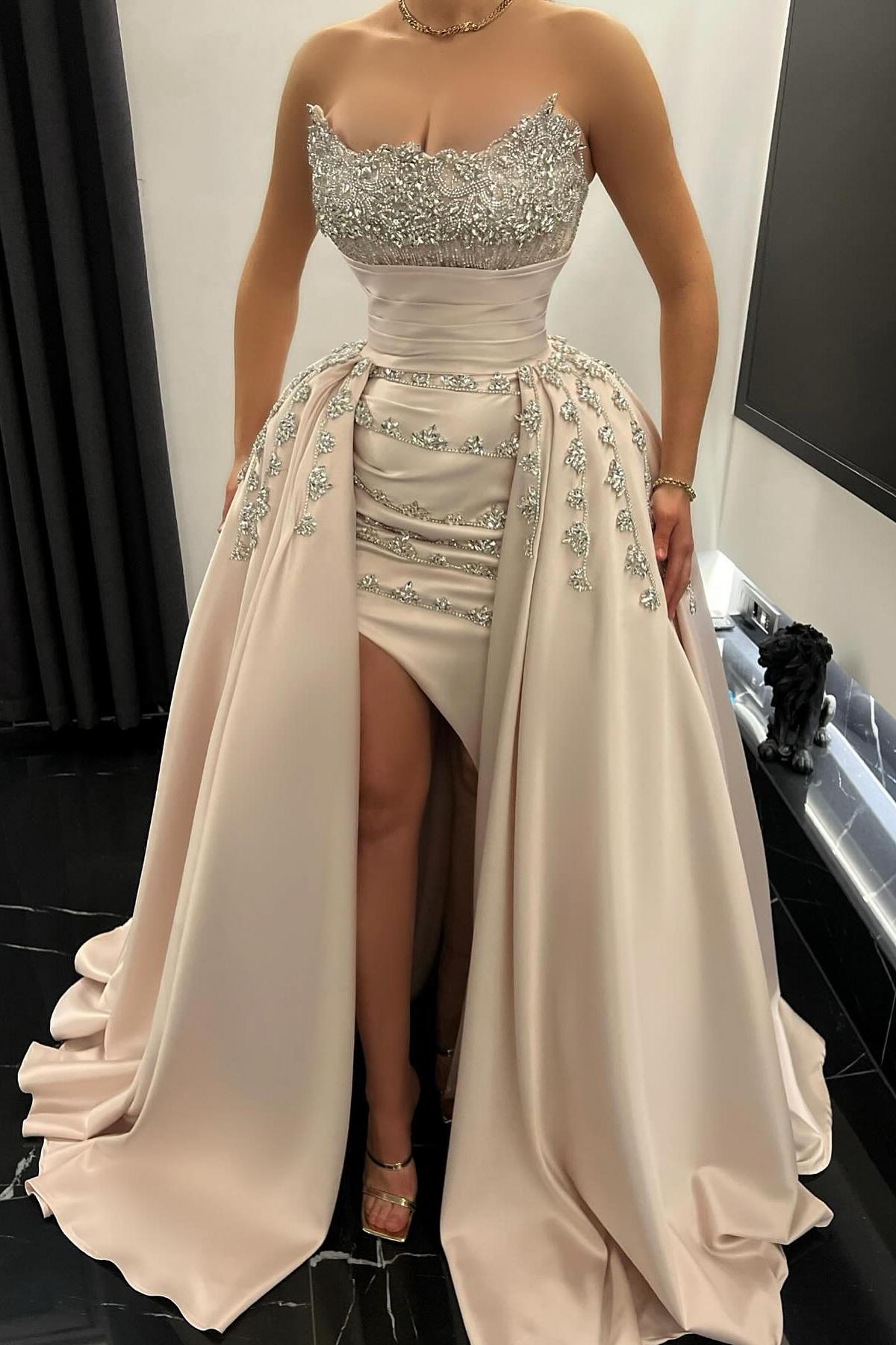 Enchanting A-Line Strapless Beading Sleeveless Split Front Long Satin Evening Dresses With Rhinestones