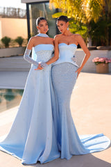 Enchanting Blue Aline Beaded Strapless Sleeveless Long Satin Evening Dresses With Rhinestone