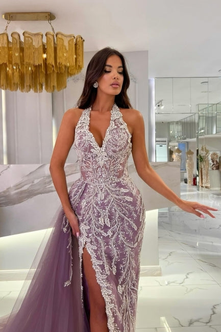 Enchanting Purple V-Neck Halter Sleeveless Panel Train Split Front Tulle Evening Dresses With Appliques