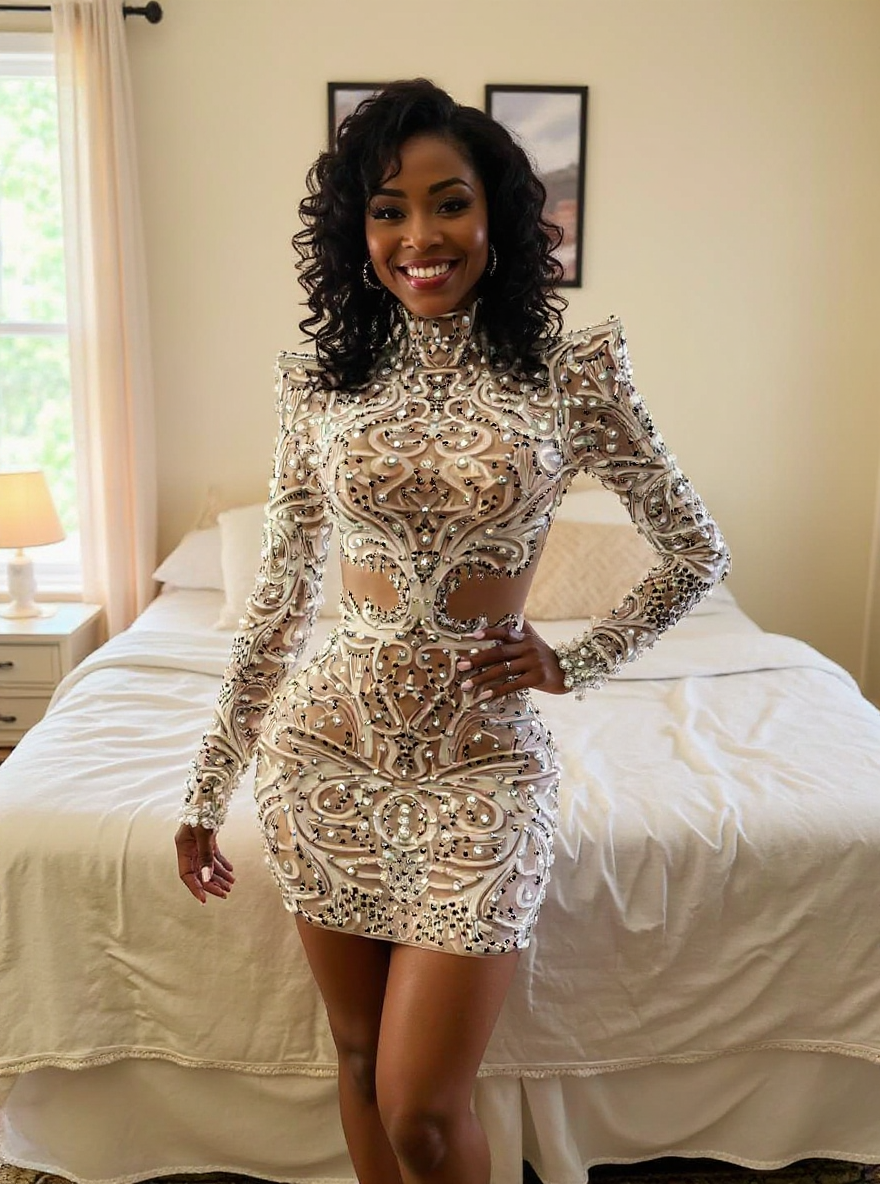 Enchanting White High-Neck Beaded Long Sleeve Zipper Column Tulle Short Evening Dresses With Pearls