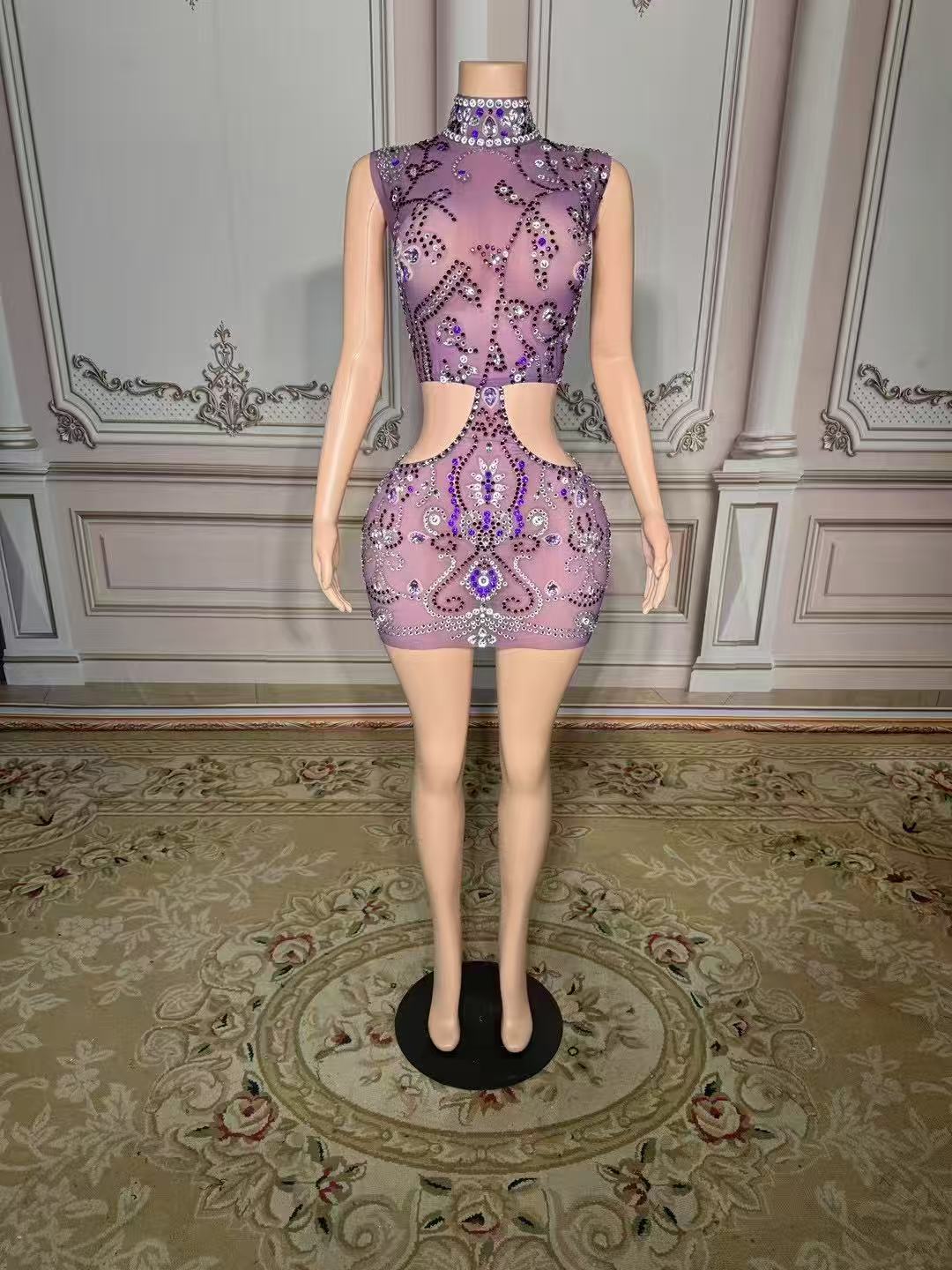 Enchanting Purple High-Neck Beaded Sleeveless Zipper Column Tulle Short Evening Dresses With Rhinestones