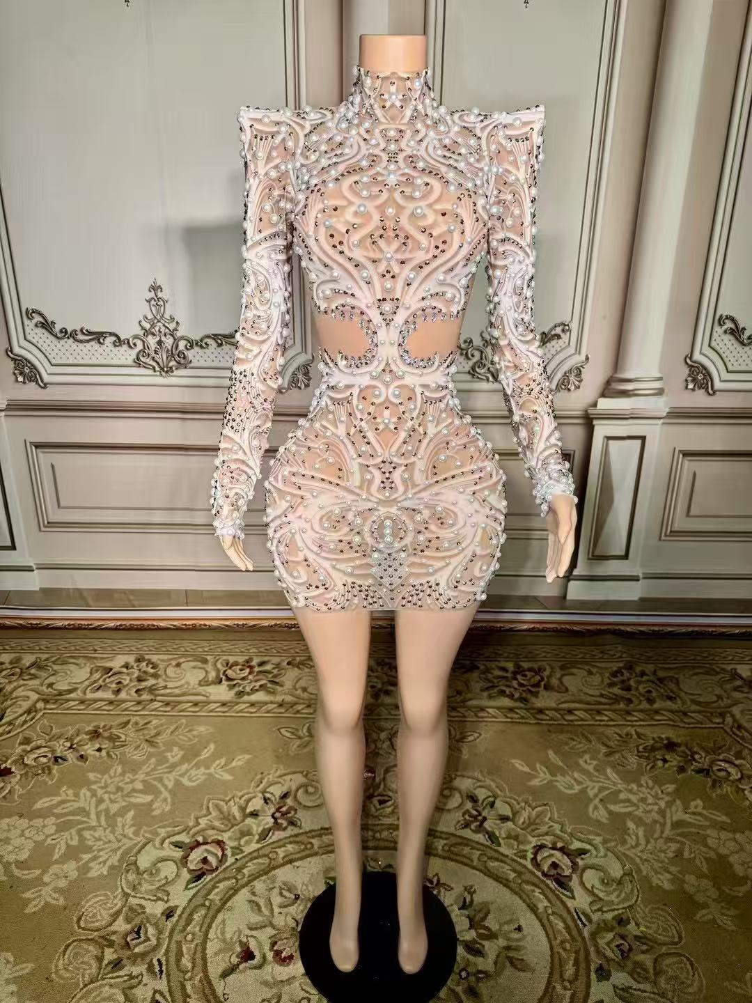 Enchanting White High-Neck Beaded Long Sleeve Zipper Column Tulle Short Evening Dresses With Pearls