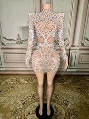 Enchanting White High-Neck Beaded Long Sleeve Zipper Column Tulle Short Evening Dresses With Pearls