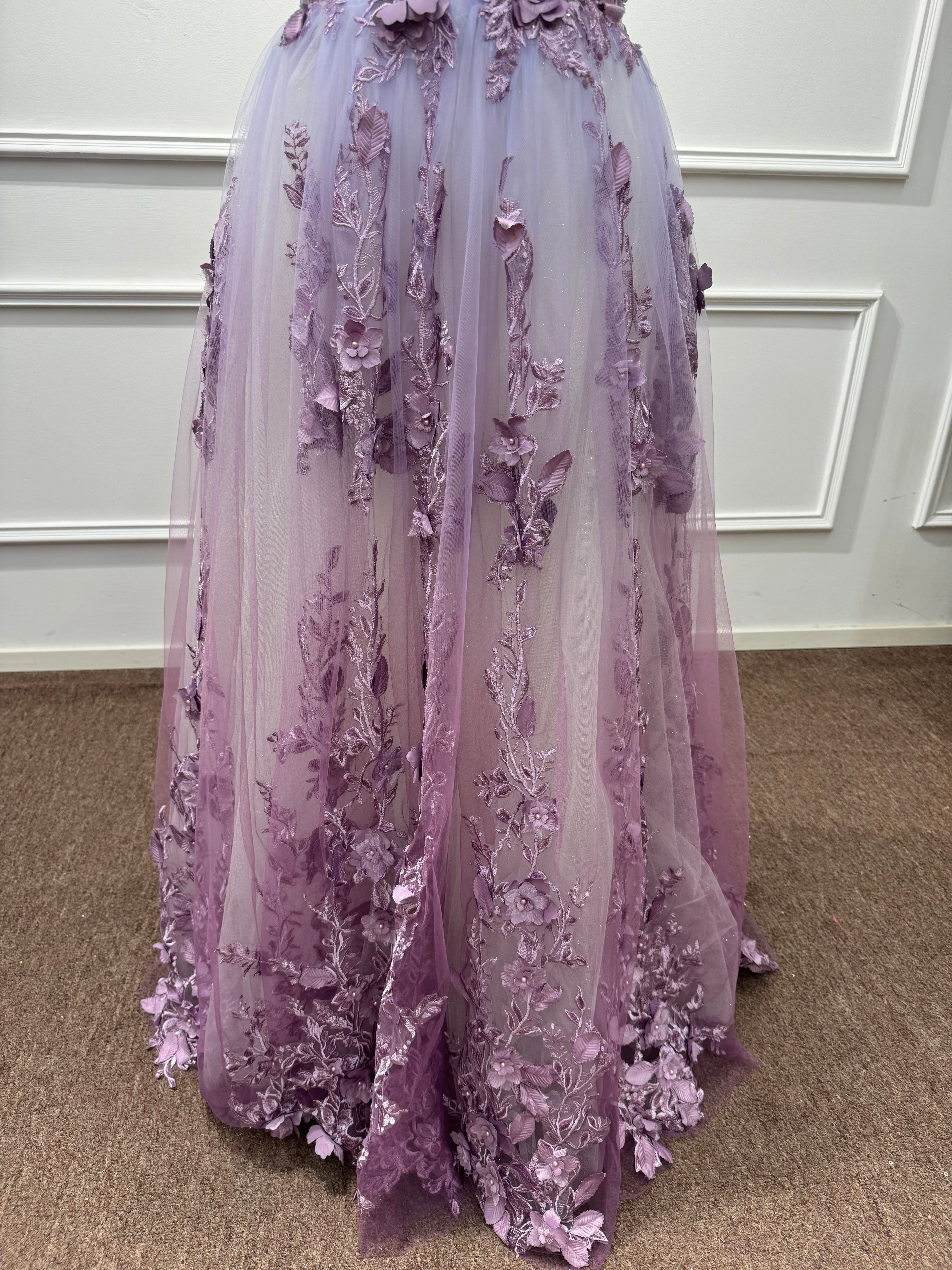 Ethereal Purple Chiffon A-Line V-Neck Long Evening Dresses with Flowers