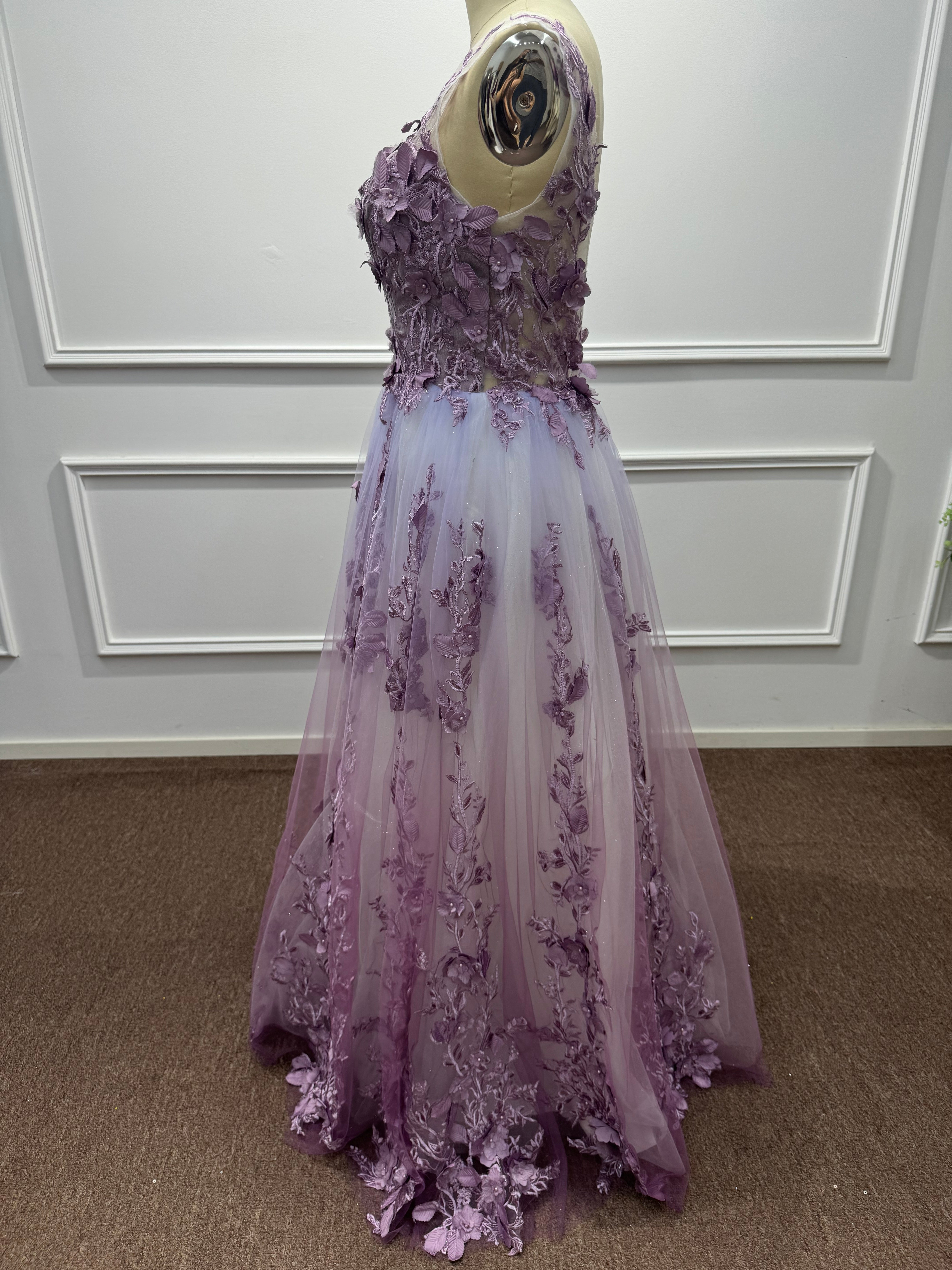 Ethereal Purple Chiffon A-Line V-Neck Long Evening Dresses with Flowers