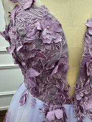 Ethereal Purple Chiffon A-Line V-Neck Long Evening Dresses with Flowers