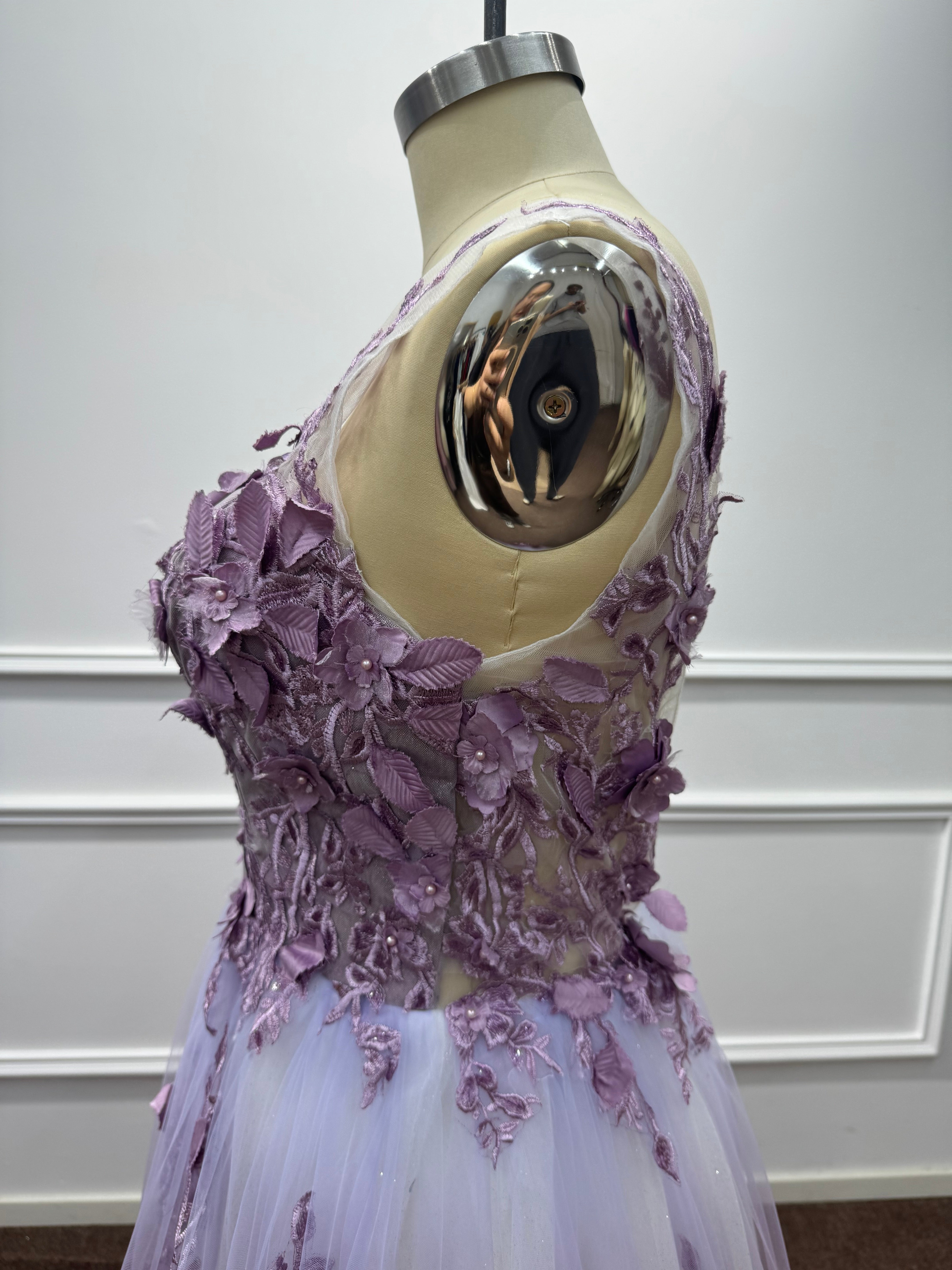 Ethereal Purple Chiffon A-Line V-Neck Long Evening Dresses with Flowers