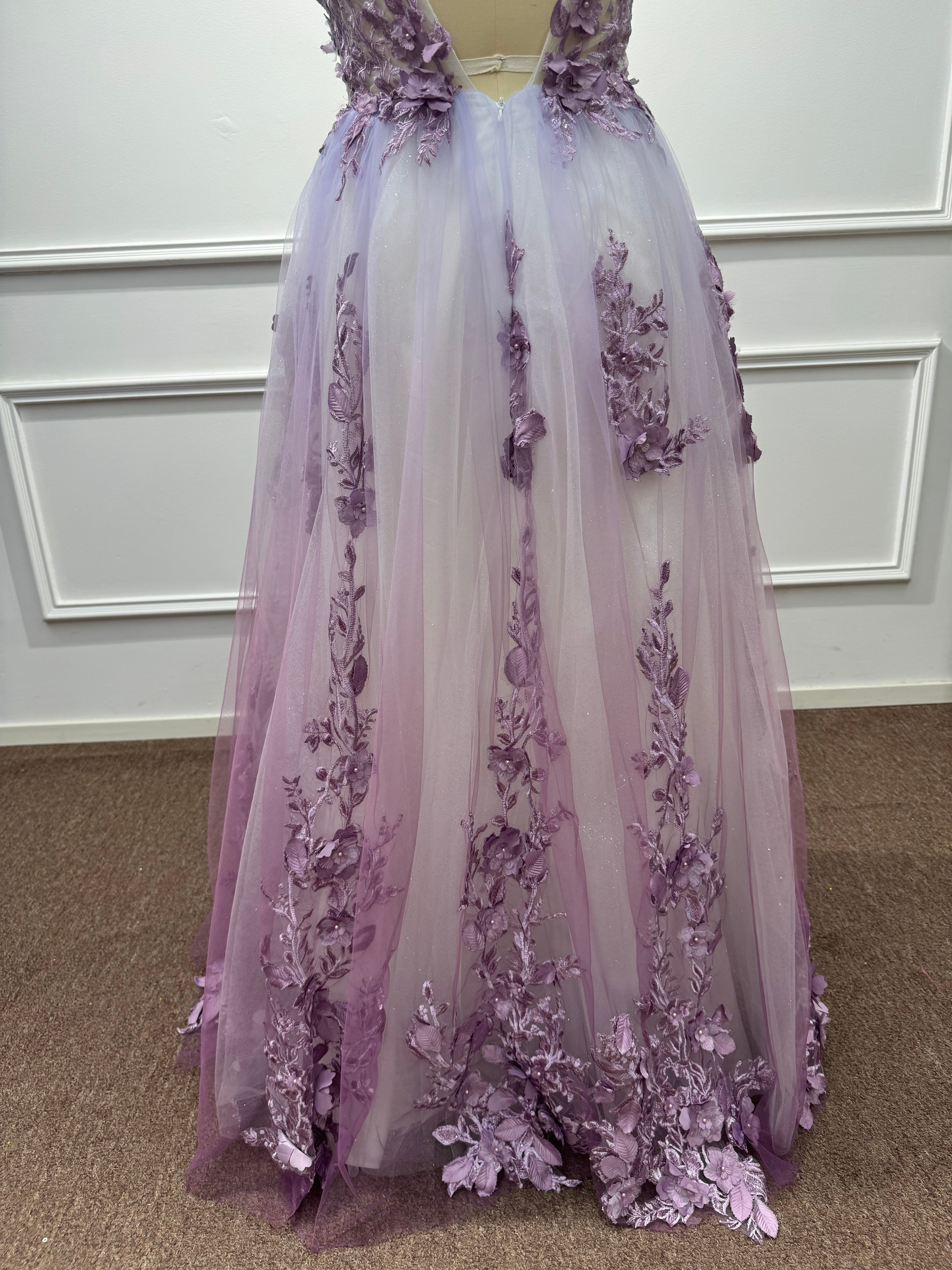 Ethereal Purple Chiffon A-Line V-Neck Long Evening Dresses with Flowers