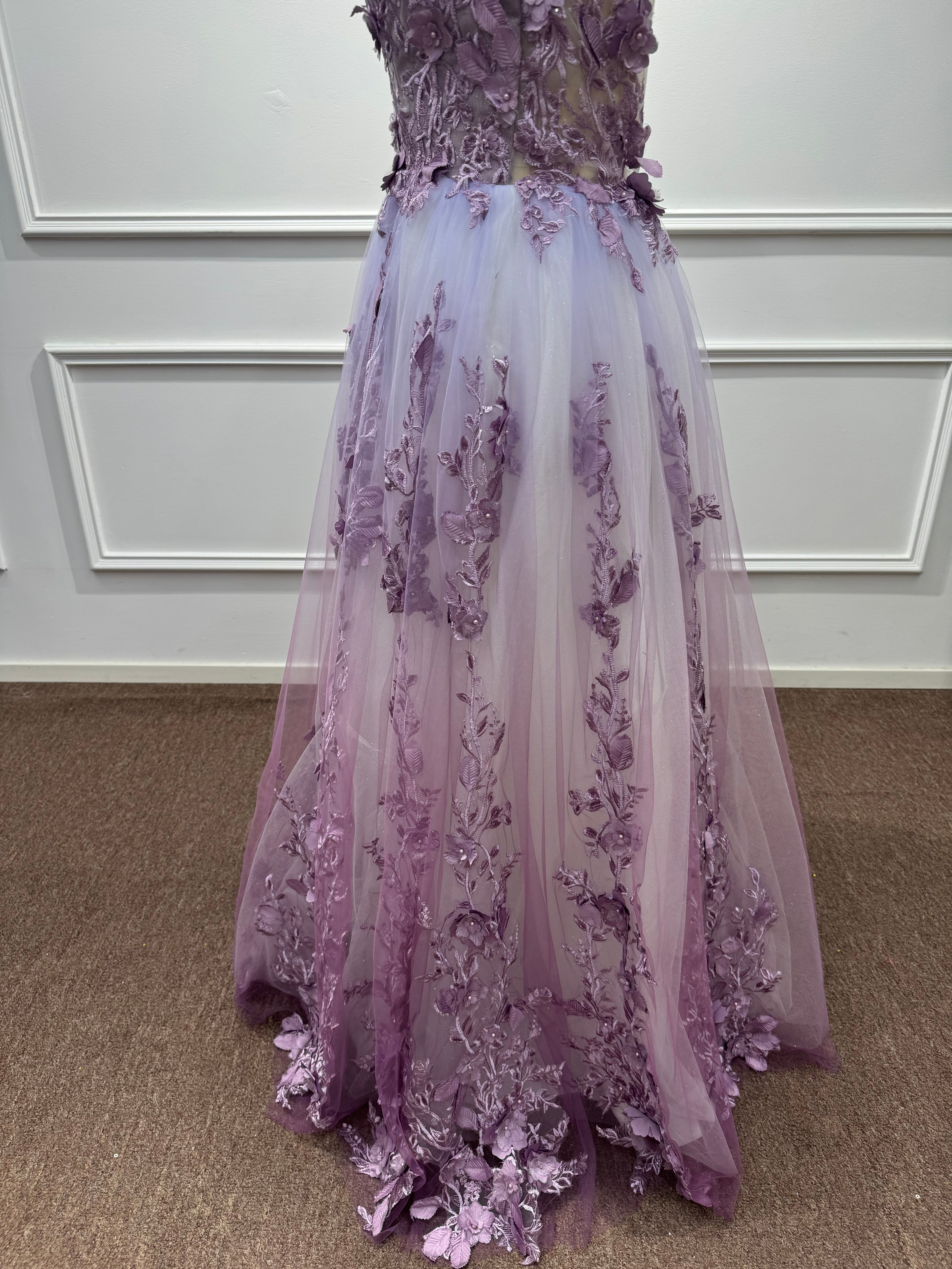 Ethereal Purple Chiffon A-Line V-Neck Long Evening Dresses with Flowers