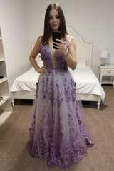 Ethereal Purple Chiffon A-Line V-Neck Long Evening Dresses with Flowers