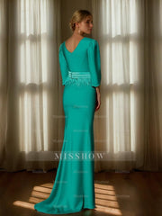 Evening Dresses with V-Neck and 3/4 Sleeves Featuring Embroidery Belt & Feather in Trumpet/Mermaid Style