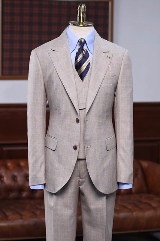 Exclusive Khaki Checkered Peaked Lapel Three-Piece Prom Outfit