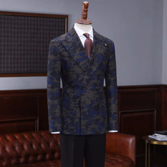 Exclusive Navy Blue Peaked Lapel Double Breasted Jacquard Prom Attire