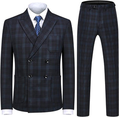 Executive Black Double Breasted Plaid Men's Business Suit