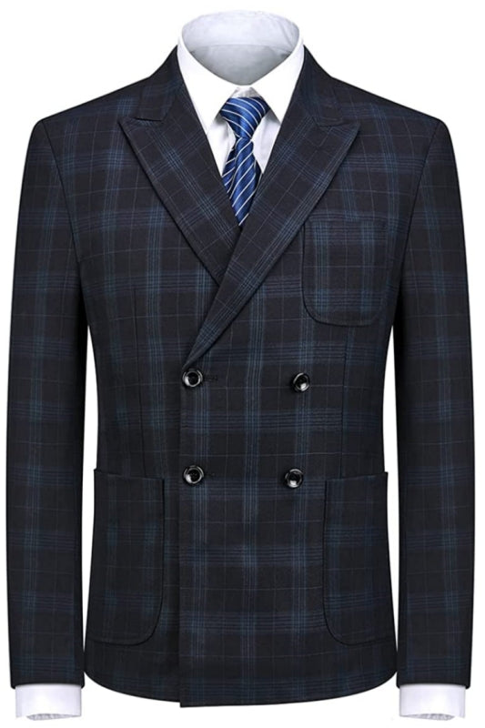 Executive Black Double Breasted Plaid Men's Business Suit