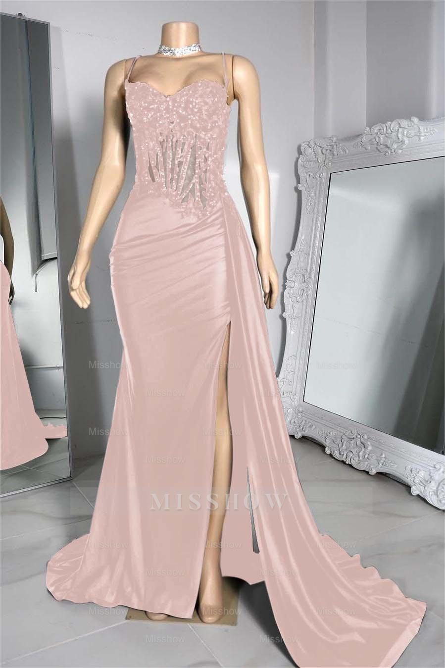 Exquisite Black Spaghetti Strap Sleeveless Pleated Long Split Formal Dress With Beading