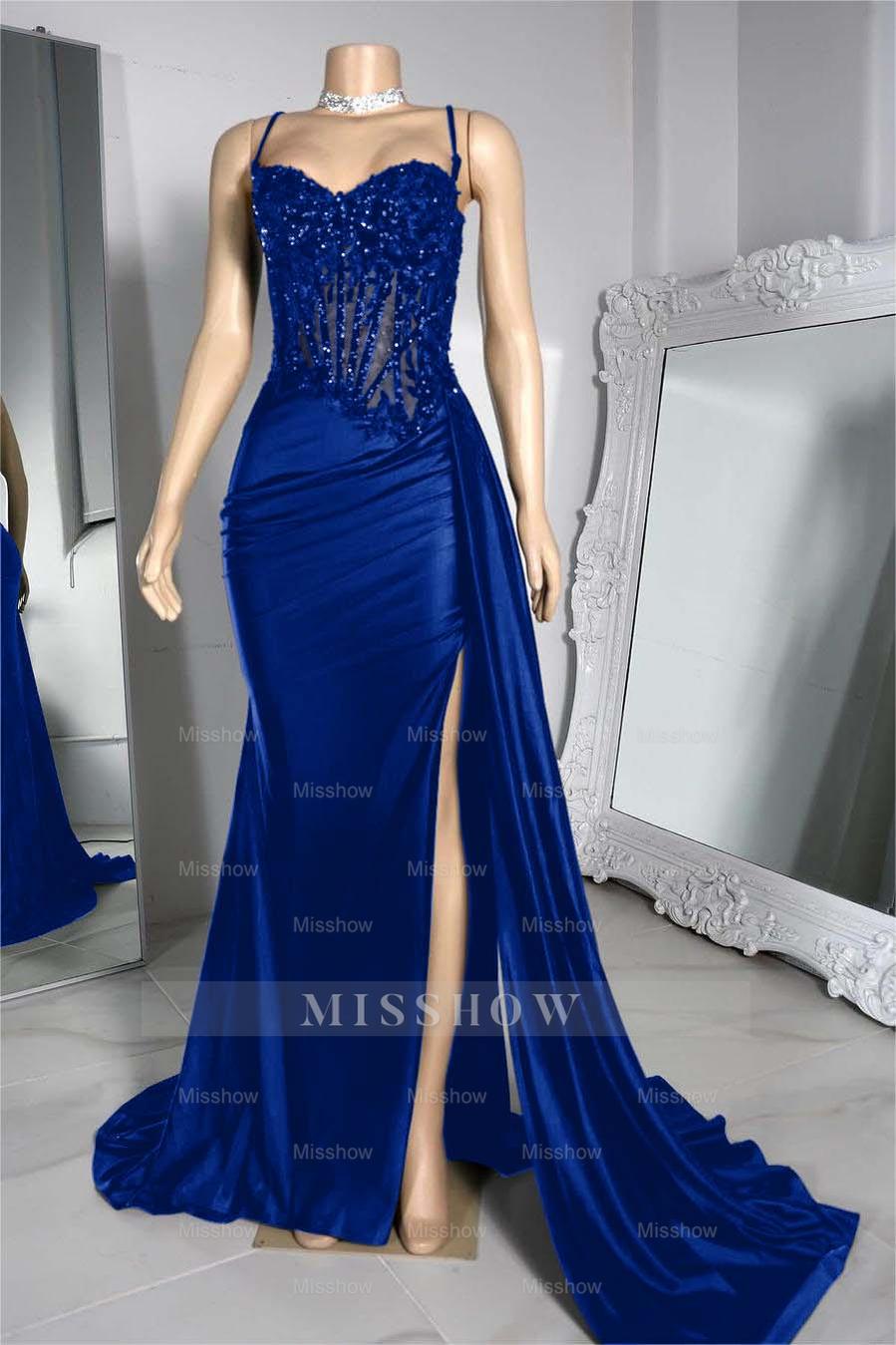 Exquisite Black Spaghetti Strap Sleeveless Pleated Long Split Formal Dress With Beading
