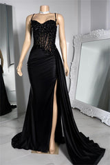 Exquisite Black Spaghetti Strap Sleeveless Pleated Long Split Formal Dress With Beading