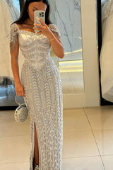 Exquisite Column Portrait Square Neck Floor-Length Evening Dresses with Slit