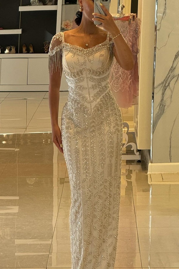 Exquisite Column Portrait Square Neck Floor-Length Evening Dresses with Slit