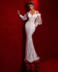 Exquisite Halter White Long Sleeves Mermaid Formal Dress With Beading